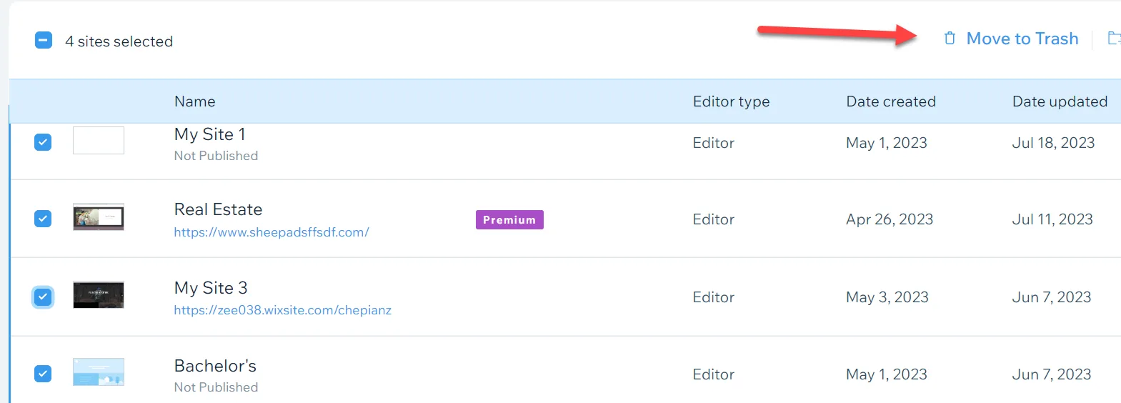 Wix sites list with four sites selected and a red arrow pointing to the Move to Trash action