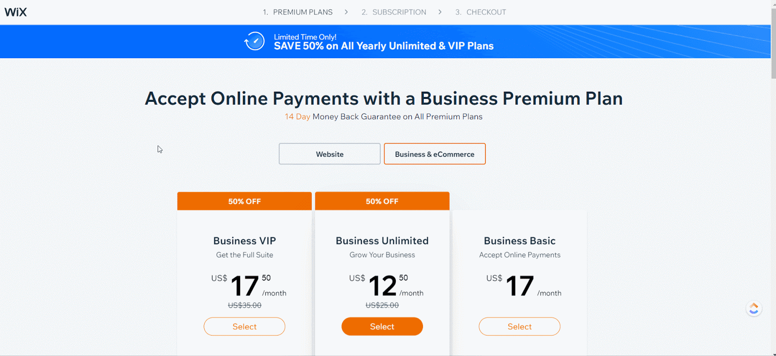 Animated Wix premium plans checkout showing Business VIP, Business Unlimited and Business Basic at half price for online payments