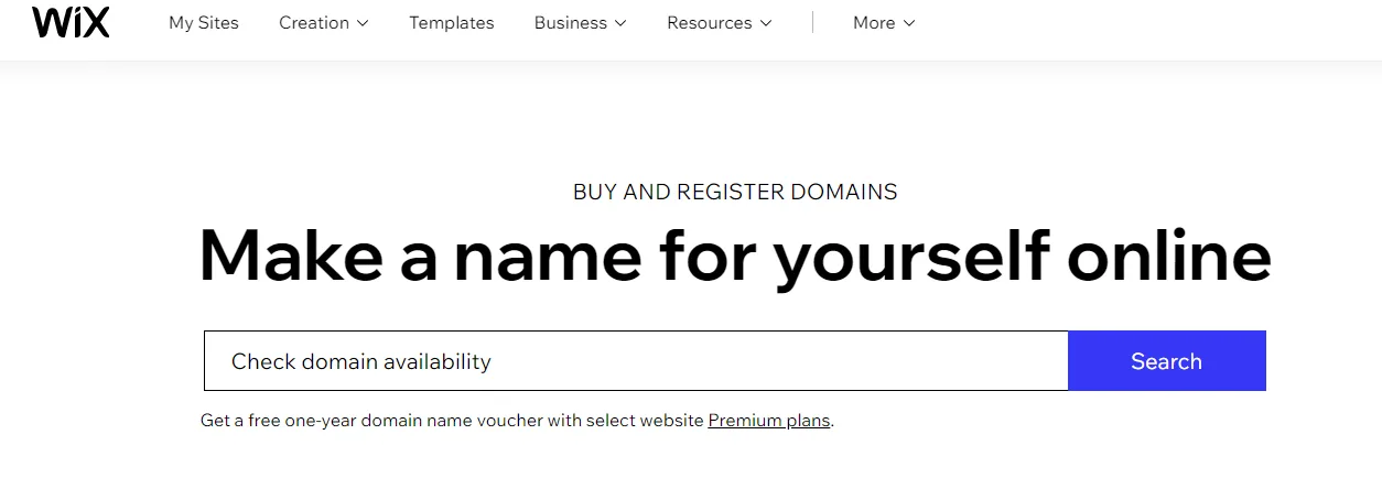 Wix Buy and Register Domains page headed Make a name for yourself online, with a domain availability search field