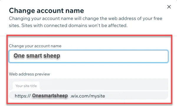 Wix Change account name dialog with a new name typed in and a web address preview showing the resulting URL