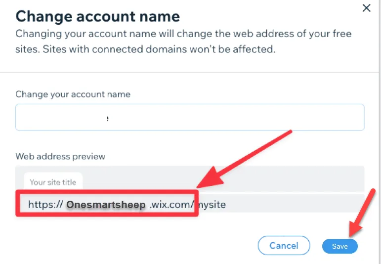 Wix Change account name dialog with red arrows pointing to the web address preview and the Save button