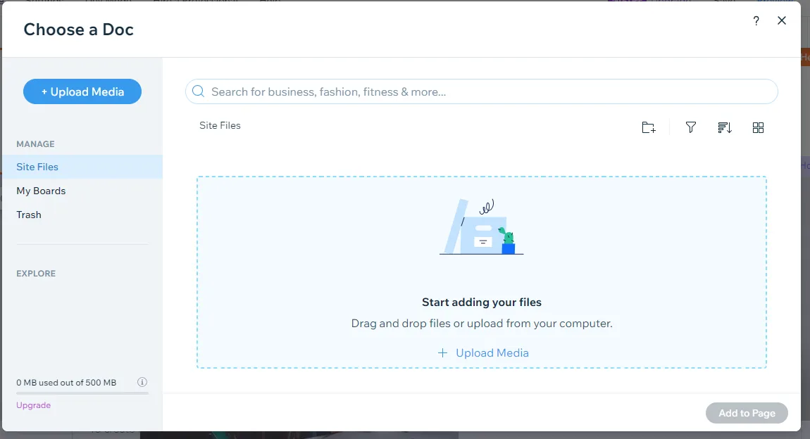 Wix Choose a Doc dialog with empty Site Files and a prompt to drag and drop files or upload from your computer