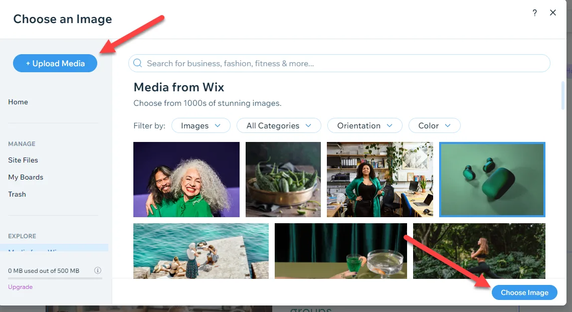 Wix Choose an Image dialog with arrows pointing to the Upload Media button and the Choose Image button, showing stock media