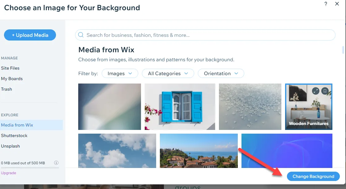 Wix Choose an Image for Your Background dialog showing stock backgrounds with a red arrow pointing to the Change Background button