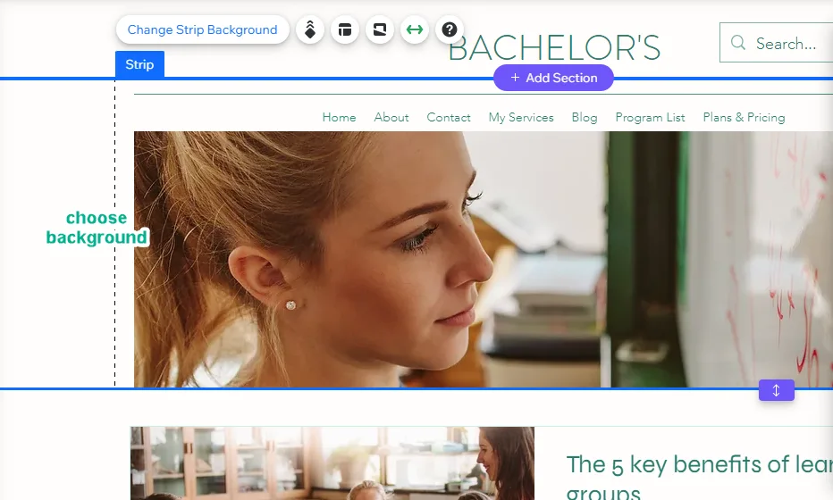 Wix editor strip selected with a Change Strip Background button and a note reading choose background