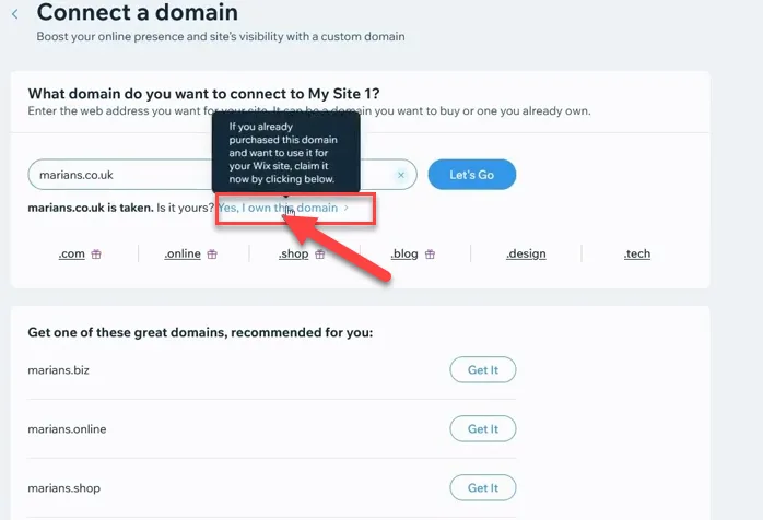 Wix Connect a domain screen where the entered domain is taken, with a red arrow pointing to the Yes, I own this domain link