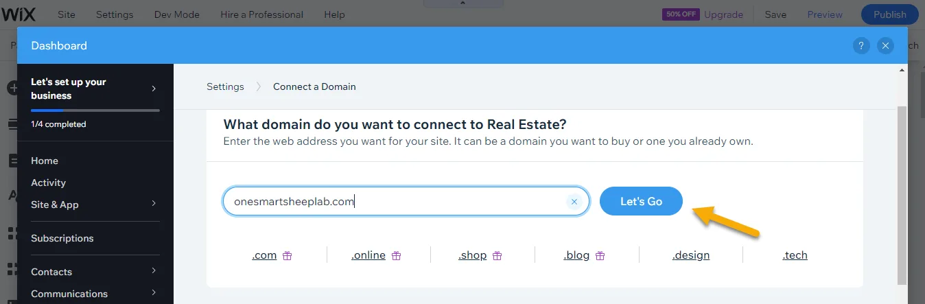 Wix Connect a Domain panel with a domain typed in and an orange arrow pointing to the Let's Go button, extension options below