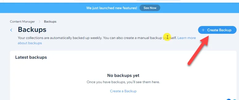 Wix Content Manager Backups screen with no backups yet and a red arrow pointing to the Create Backup button