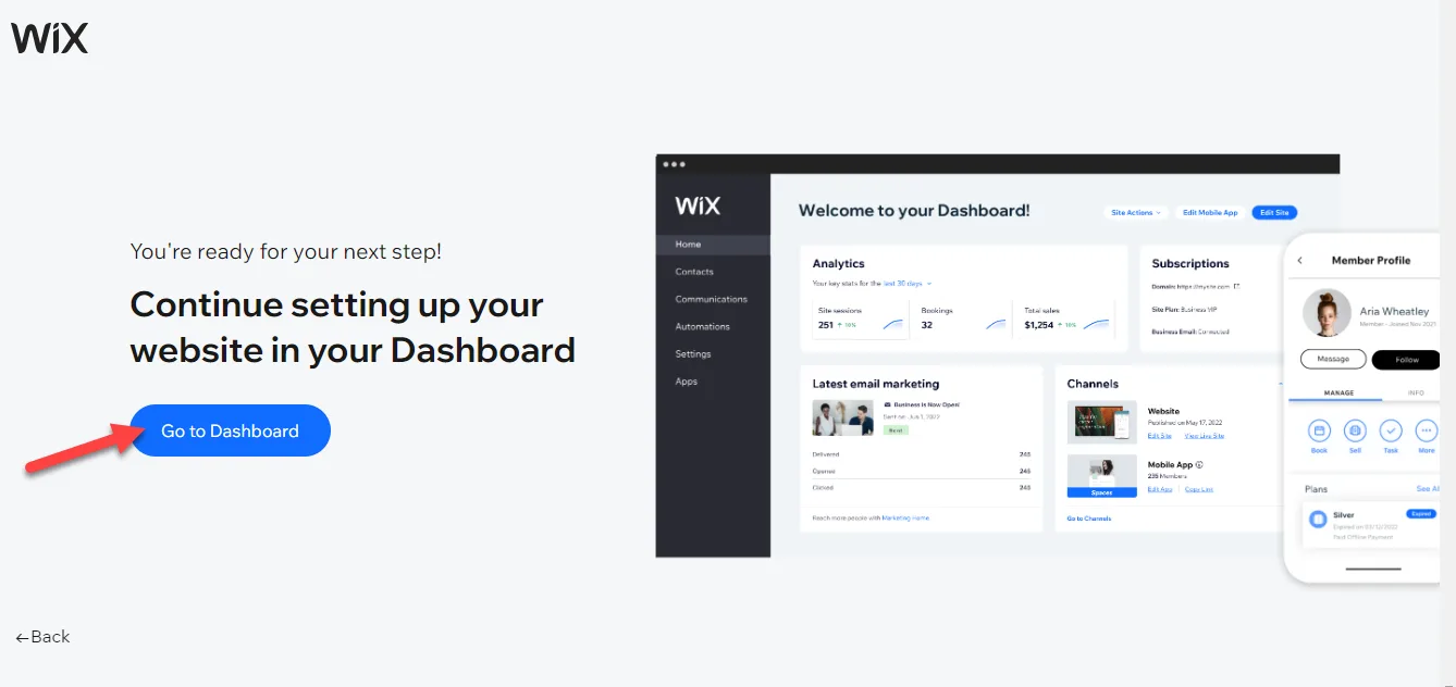 Wix onboarding screen inviting you to continue setting up in the dashboard, with a red arrow pointing to the Go to Dashboard button