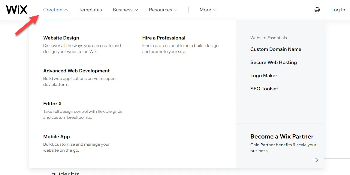 Wix header with a red arrow pointing to the Creation menu, its panel listing website design, Editor X and website essentials