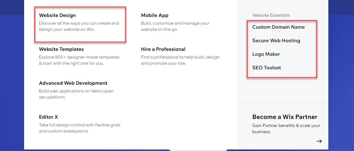Wix Creation menu with Website Design and the Website Essentials list of custom domain, hosting, logo maker and SEO toolset outlined in red