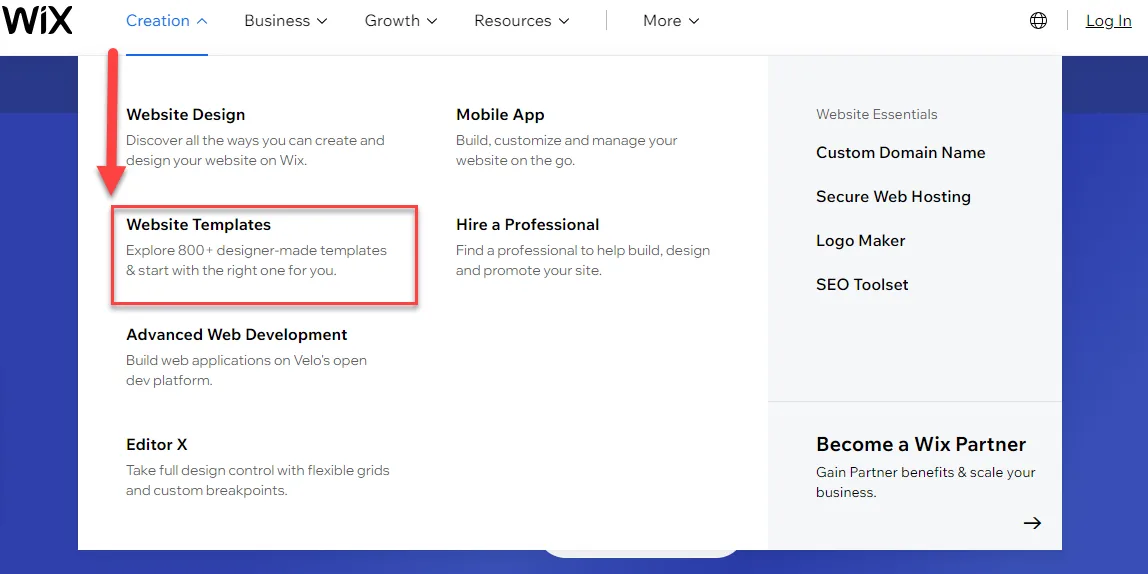 Wix Creation menu open with a red arrow pointing to Website Templates, offering over 800 designer made templates