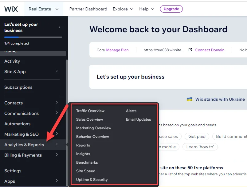 Wix dashboard with a red arrow pointing to Analytics and Reports, its submenu listing traffic, sales, marketing and behaviour overviews