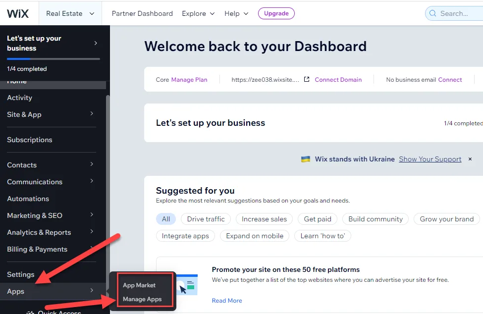 Wix dashboard with red arrows pointing to the Apps menu and its App Market and Manage Apps entries