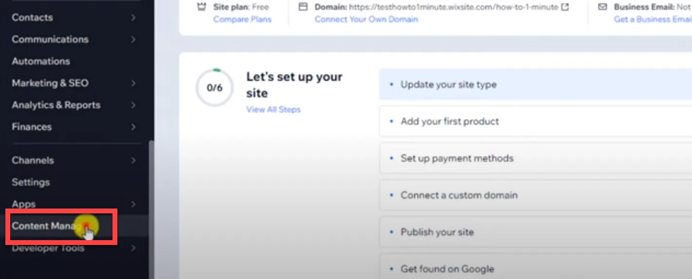 Wix dashboard sidebar with Content Manager outlined in red, beside the site setup checklist