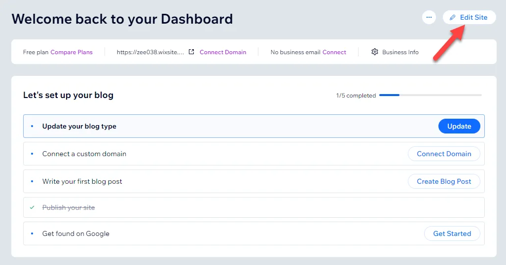 Wix site dashboard with a red arrow pointing to the Edit Site button above the blog setup checklist