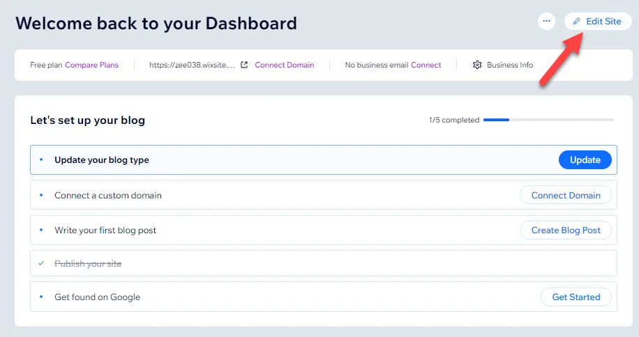 Wix dashboard blog setup checklist with the Edit Site button highlighted in the top right corner