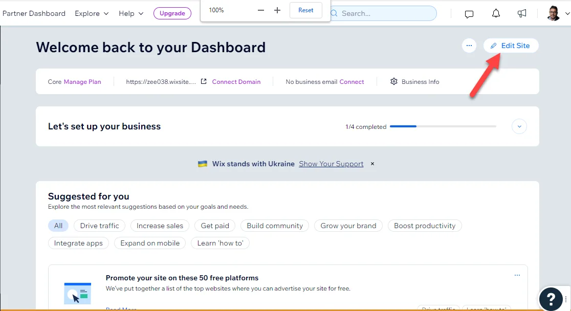 Wix dashboard with a red arrow pointing to the Edit Site button, above a Suggested for you panel of goal filters