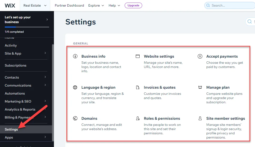 Wix Settings page with the general section outlined in red, showing business info, website settings, domains and roles and permissions