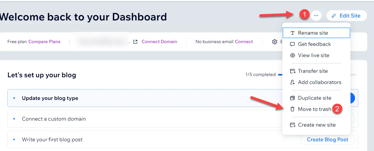 Wix dashboard actions menu with numbered arrows pointing to the three dot button and the Move to trash entry