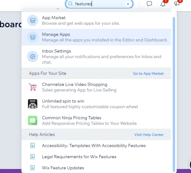 Wix dashboard search for features returning App Market, Manage Apps and Inbox Settings, plus suggested apps and help articles