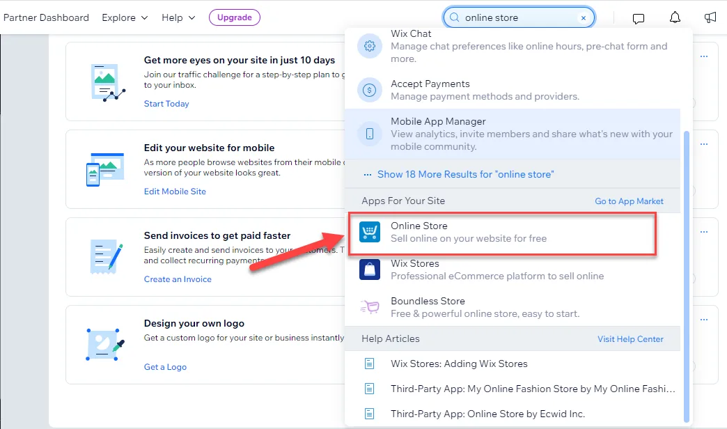 Wix dashboard search for online store with a red arrow pointing to the Online Store app result