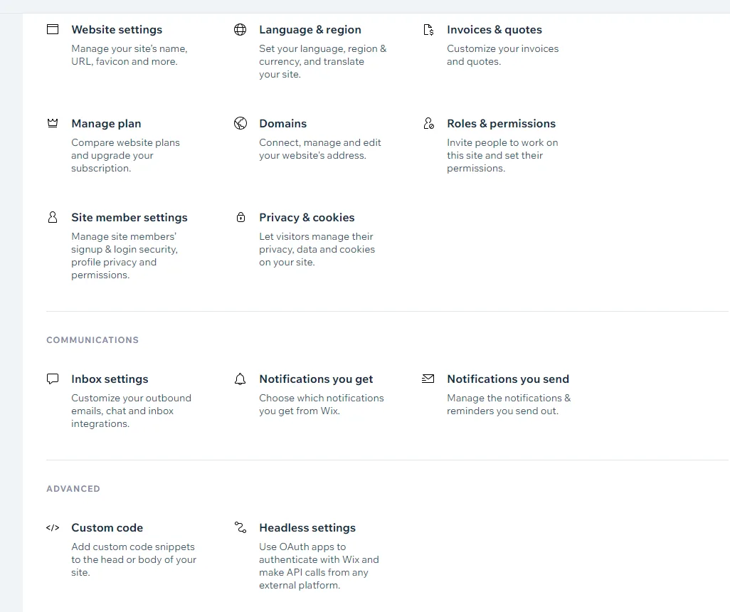 Wix settings page listing website settings, manage plan, domains, roles and permissions, inbox settings and custom code