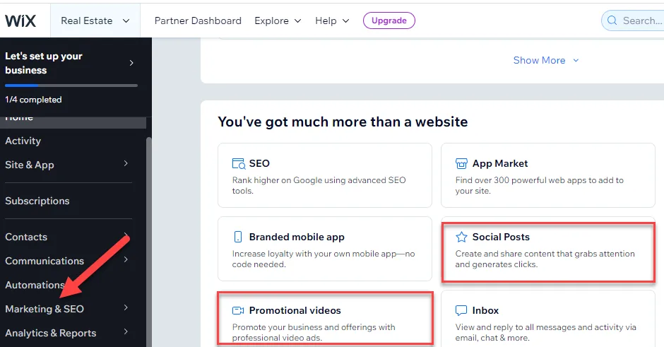 Wix dashboard tools panel with Social Posts and Promotional videos tiles outlined in red beside the Marketing and SEO menu