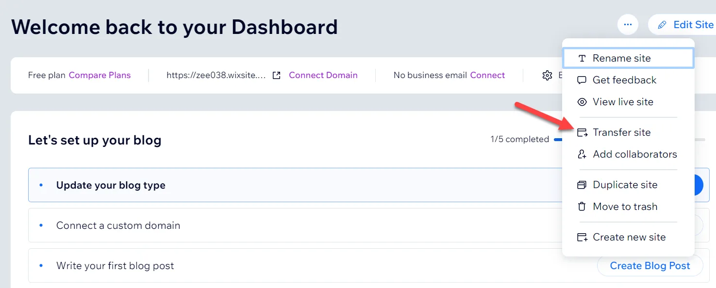 Wix dashboard actions menu with a red arrow pointing to Transfer site, above Add collaborators and Duplicate site