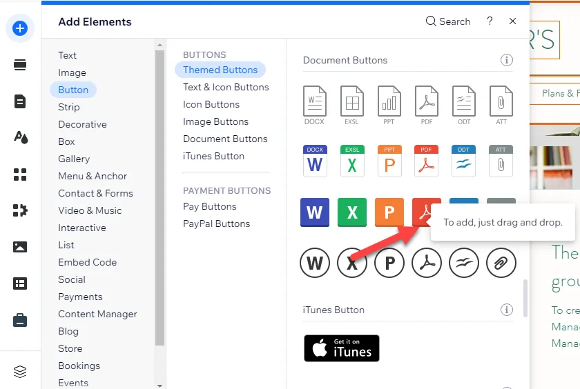 Wix Document Buttons gallery showing DOCX, EXSL, PPT, PDF, ODT and attachment styles, with an arrow pointing at a red PDF button