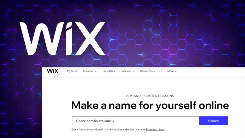 Wix logo on a purple hexagon background above the Wix domain search page headed Make a name for yourself online