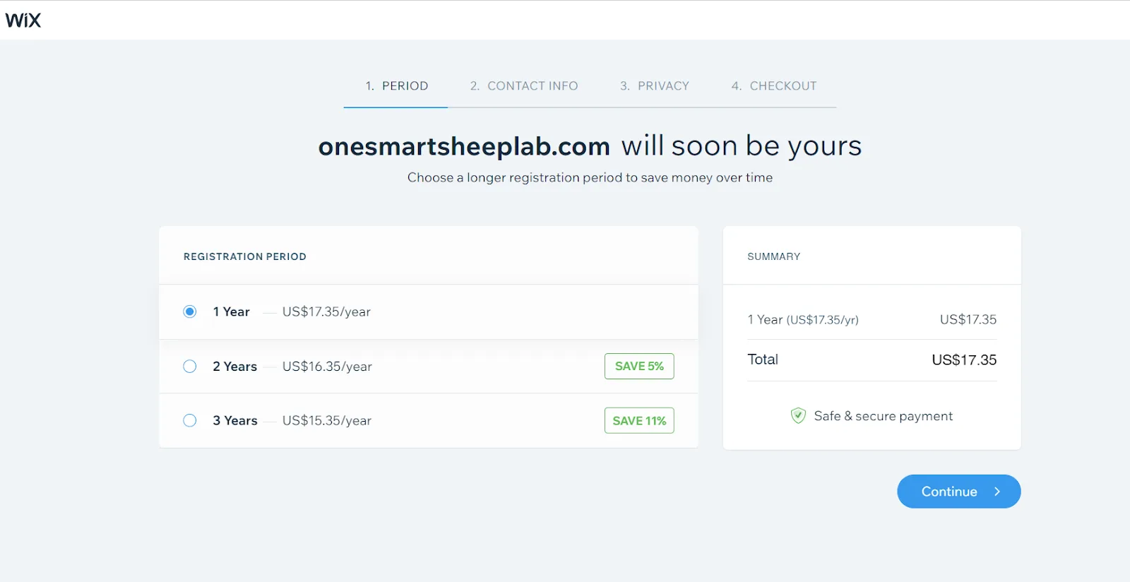 Wix domain checkout registration period step offering one, two and three year terms from 15.35 to 17.35 dollars a year