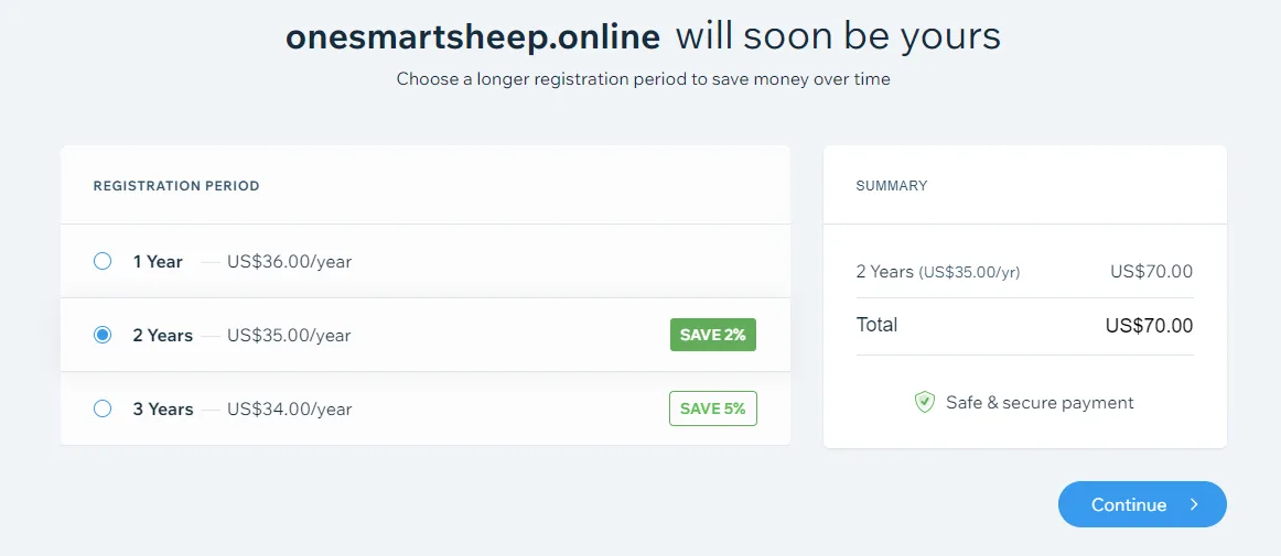 Wix domain checkout for onesmartsheep.online offering one, two and three year registration periods from 34 to 36 dollars a year