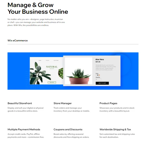 Wix eCommerce features headed Manage and Grow Your Business Online, listing storefront, store manager, product pages and payment methods