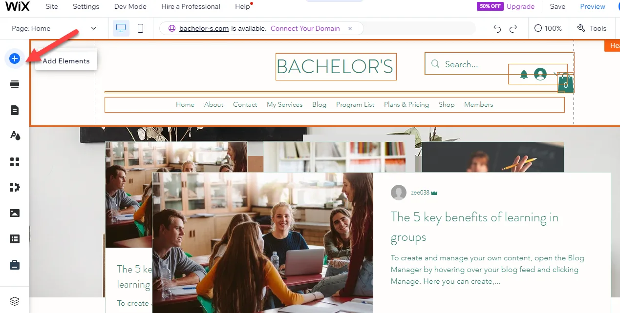 Wix editor with a red arrow pointing to the Add Elements plus icon at the top of the left sidebar