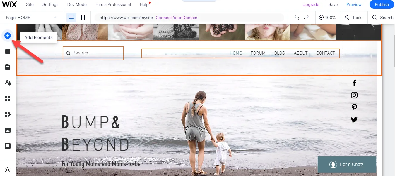 Wix editor with the plus shaped Add Elements button highlighted in the left toolbar