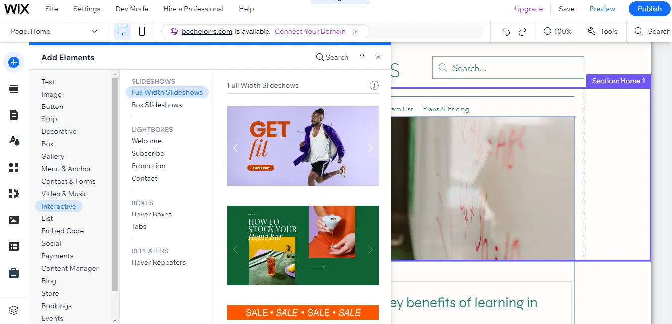 Wix editor Add Elements panel open on Interactive, showing full width slideshow, lightbox and hover box previews