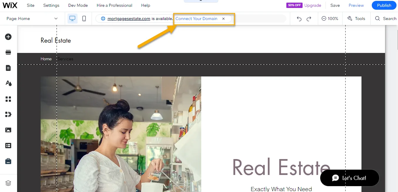 Wix editor with an orange arrow pointing to the Connect Your Domain link in the address bar strip