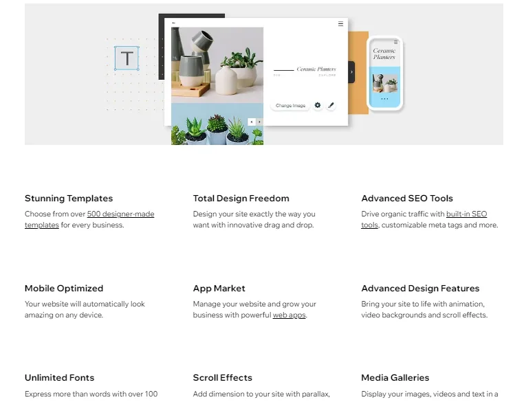 Wix Editor features grid listing stunning templates, total design freedom, advanced SEO tools, mobile optimised and app market