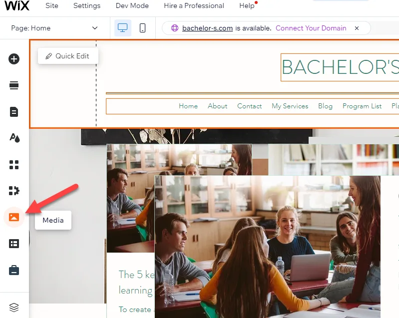 Wix editor with a red arrow pointing to the Media icon in the left sidebar