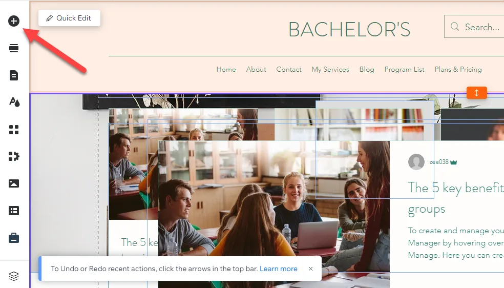 Wix editor open on a site with a red arrow pointing to the plus button at the top of the left toolbar