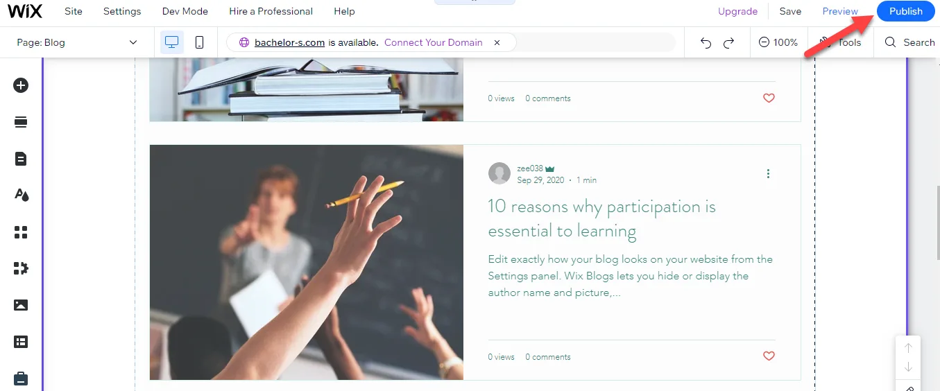 Wix editor showing a blog page with a red arrow pointing to the blue Publish button in the top right
