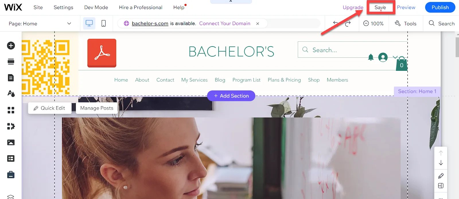Wix editor with a red arrow pointing to the Save button in the top toolbar, beside Preview and Publish