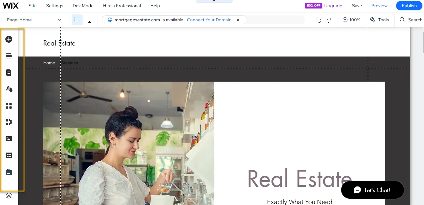 Wix editor open on a Real Estate site with the left toolbar outlined in orange