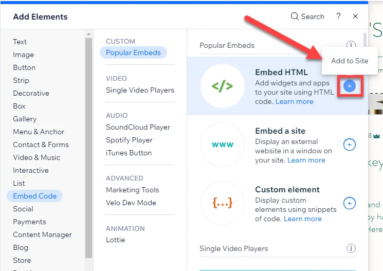 Wix Embed Code panel showing Embed HTML, Embed a site and Custom element, with an arrow pointing to the Add to Site plus button