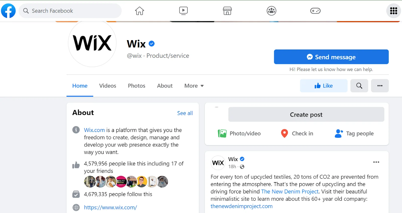 Verified Wix page on Facebook with a Send message button and an About panel showing over 4.5 million likes