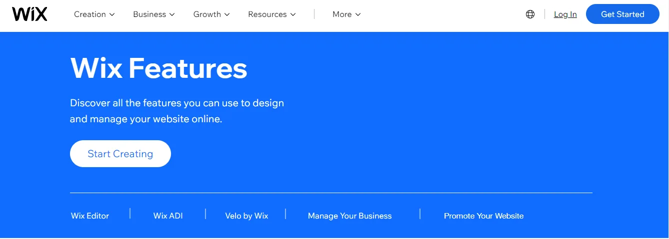 Wix Features page headed Wix Features with a Start Creating button and links to Wix Editor, Wix ADI and Velo by Wix