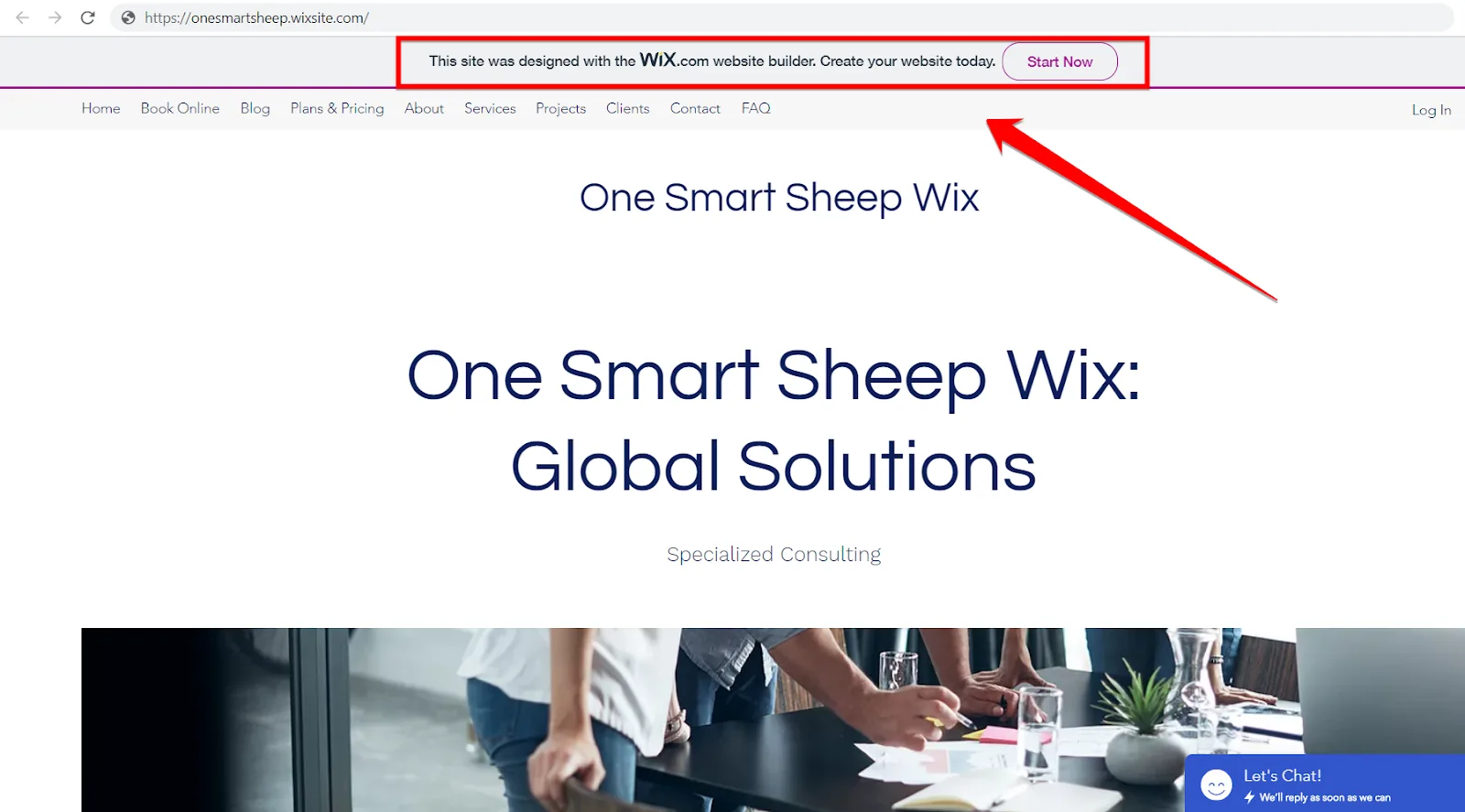 Wix free site with a red arrow pointing to the banner reading This site was designed with the Wix.com website builder