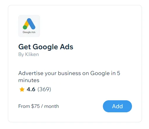 Wix App Market listing for Get Google Ads by Kliken, rated 4.6, priced from 75 dollars a month