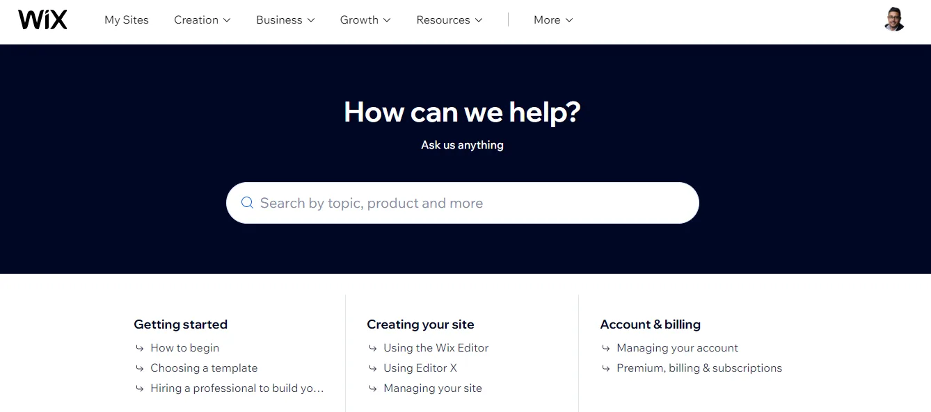 Wix Help Center headed How can we help with a search field and columns for Getting started, Creating your site and Account and billing